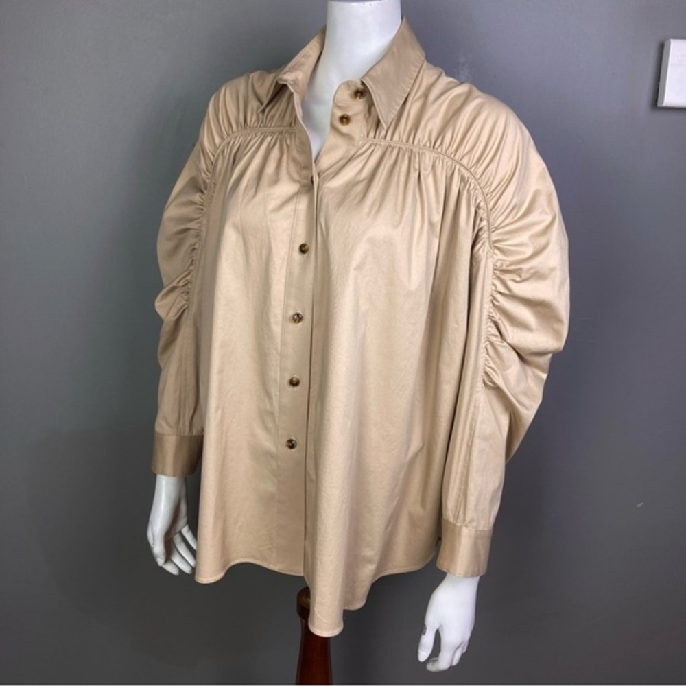 Divine Heritage Revolve top blouse small khaki button down puff sleeve office